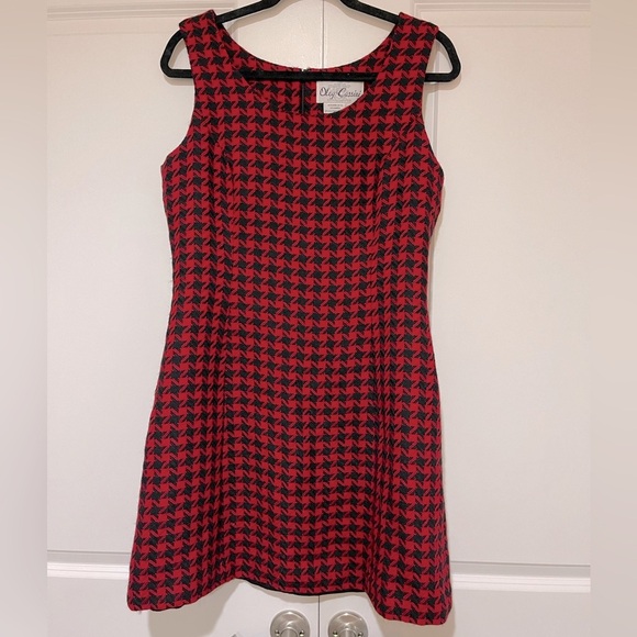 Oleg Cassini vintage black and red wool houndstooth sheath dress like new - Picture 1 of 4